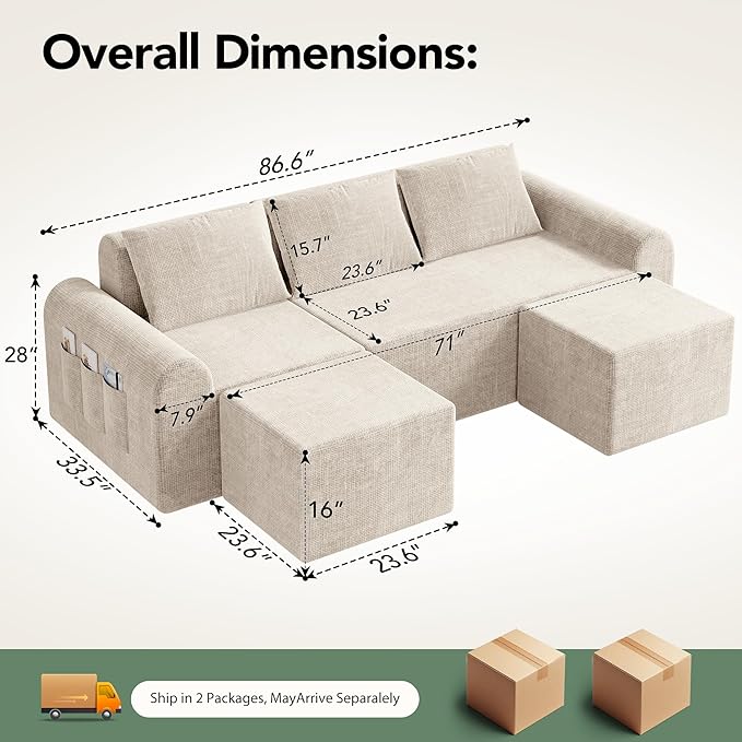 Rengue Cloud Sectional Couch with 3 Pillows &amp 2 Ottomans Boneless Couches for Living Room U Shaped Sectional Sofa Deep Seat Comfy Couch for Small Spaces No Assembly Required (Beige) 72h to Rest