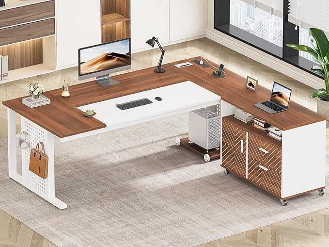 SEDETA 71 Executive Desk with Rolling File Cabinet Large Office Desk with Drawers L Shaped Computer Desk with Power Outlets CPU Stand Pegboard and Storage Shelves White