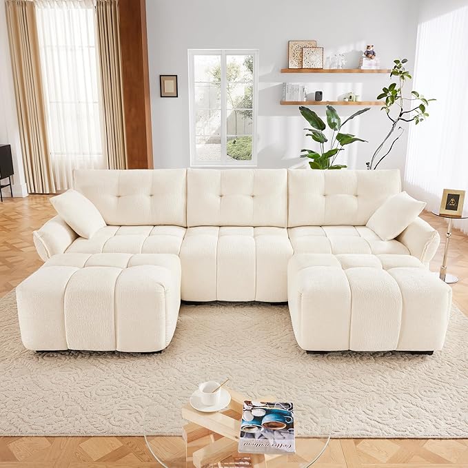 Oversized Modular Sectional Sofa U Shaped Sectional Couches for Apartment 110 inch 5 Seat Modular Couch with OttomanChenilleWhite