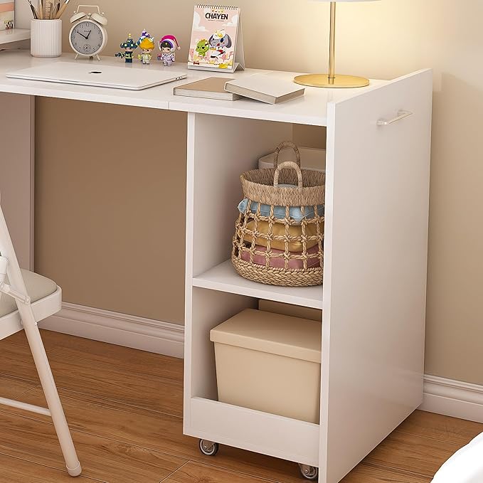 33''Folding Office Desk with Storage Shelves and Wheels Mid Century Modern Fold Out Stretchable Computer Desk for Small Spaces Home Office Apartment (White)