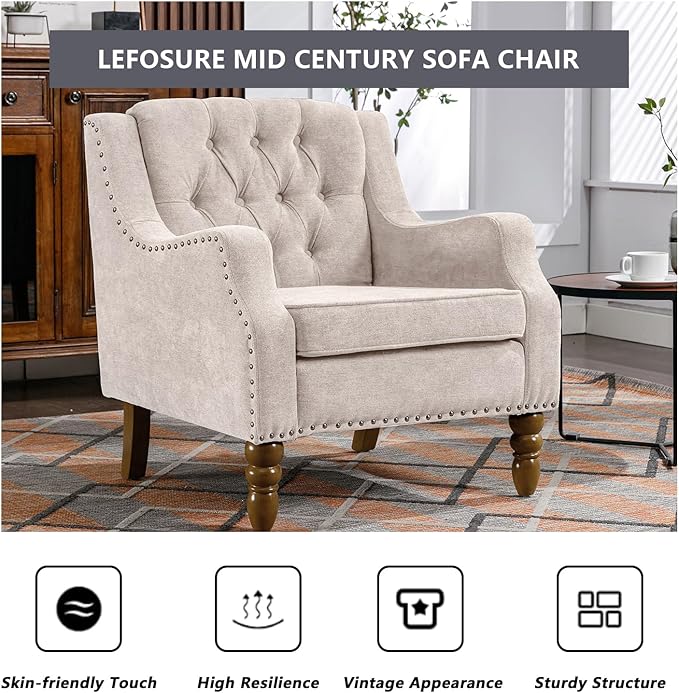 Linen Accent ChairsUpholstered Button Tufted Living Room ChairMid Century Armchair Sofa ChairsComfy Reading Chair for BedroomLiving RoomStudy (Beige 2)