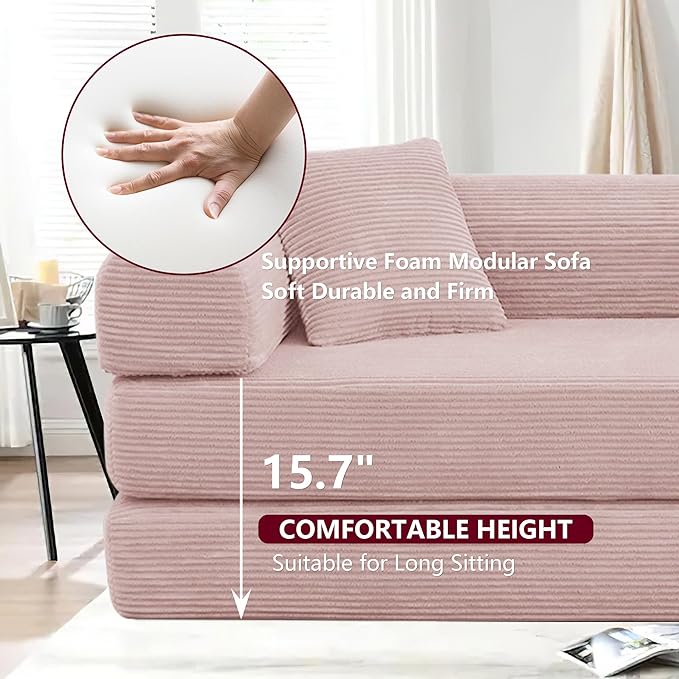 JJJ 63 inch Sofa Bed 4-in-1 Boneless Convertible Corduroy Sleeper Folding Couch with Fixed-Shape Frame and 2 Futons No Assemble Required 3 Seater Upholstered for Living Room (Pink 63 inch)