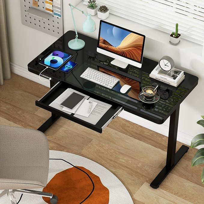 Tangkula Glass Standing Desk with Drawer 48” x 24” Height Adjustable Electric Stand Up Desk with Tempered Glass Top Sit Stand Desk with Memory Positions &amp USB Type-C Outlets for Home Office (Bla