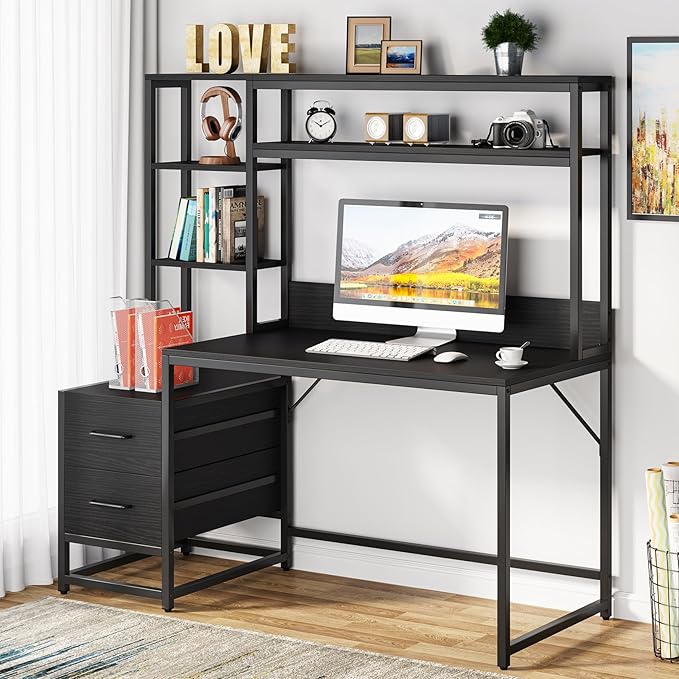Tribesigns 55 Inch Computer Desk with 2 Drawers and Storage Shelves Rustic Office Desk with Hutch Study Writing Gaming Table Laptop Workstation for Home Office (Black)