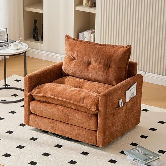 36.2 Oversized Square Swivel Accent Chair 360° Rotating Barrel Armchair Comfy Single Cloud Sofa Chair with Metal Base and Thick Padded for Nursery Bedroom Living Room &amp Offices (Brown)