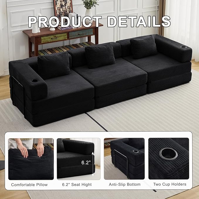 118 Oversized Sectional Couches Convertible Floor Sofa Bed with Cup Holder Boneless Foldable Mattress Cloud Couch with Pillow Back &amp Armrest for Living Room Bedroom Lounge(Corduroy Black)