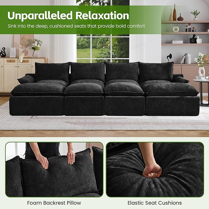138 4 Seat Boneless Couch with Movable Ottoman Boneless Modular Sectional Sofa Deep Seat Modern Sleeper Sofa Bed for Living Room Cloud Modular Sectional Couch 4 Seat Chenille Chaise Lounge Black