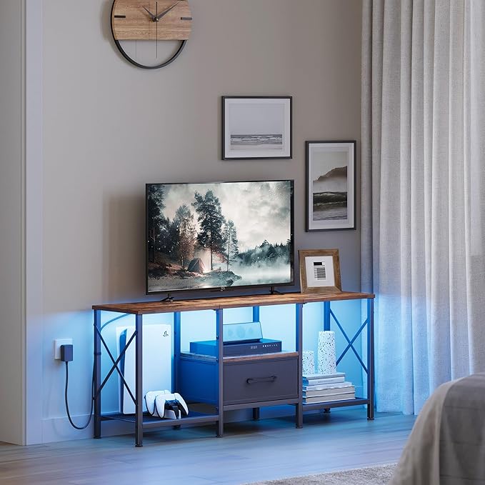 LED TV Stand with Fabric Drawer Entertainment Center for 50 55 Inch TV Industrial TV Console Table with Open Storage Shelves for Living Room Bedroom Rustic Brown