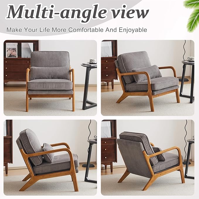 VINGLI Upgraded Premium Corduroy Accent Chairs Set of 2Upholstered Arm ChairSolid Wood Comfy Reading Chair with Lumbar Pillow Mid Century Modern Chairs for Living RoomBedroomLight Grey