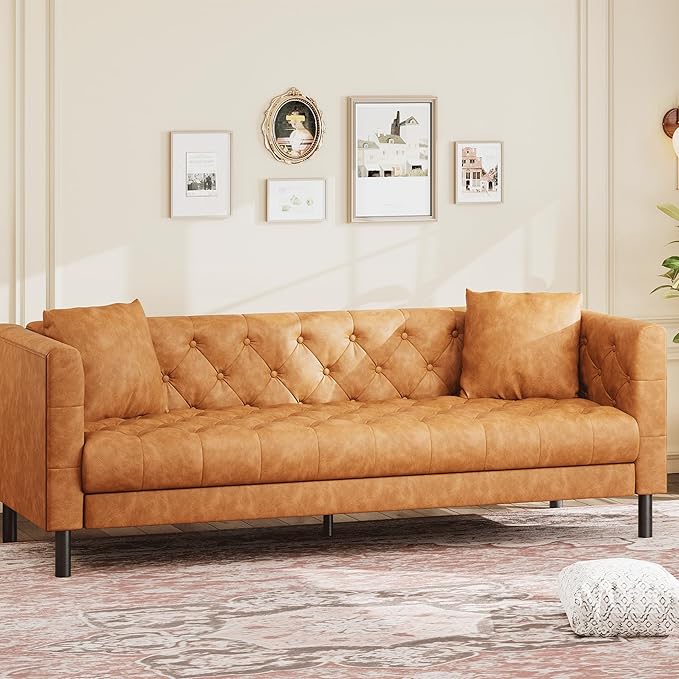 Mid Century Modern Leather Sofa 81 Inch Chesterfield Style 3 Seat Couch with Deep 26 Seats Button Tufted Upholstery Includes 2 Pillows for Living Room Apartment or Office Orange