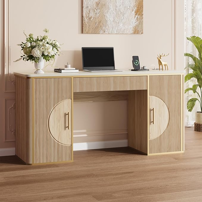 60 Fluted Computer Desk Wooden Long Home Office Writing Desk with Drawer &amp Storage Cabinet Modern Writing Table with Charging Station High Executive Desk for OfficeBedroom Nature Oak