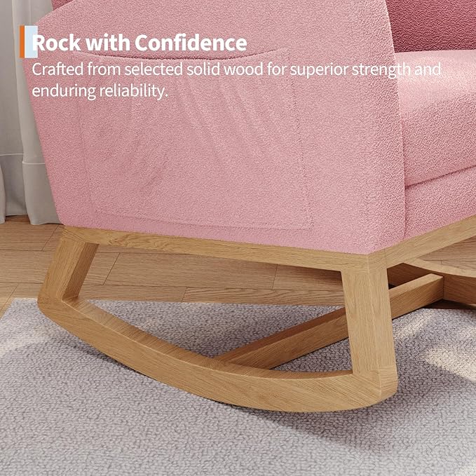 GarveeHome Nursery Rocking Chair with Adjustable Footrest Teddy Fleece Upholstery Sturdy Wooden Legs &amp High Backrest Comfortable Glider Rocking Chair for Living Room or Bedroom Pink