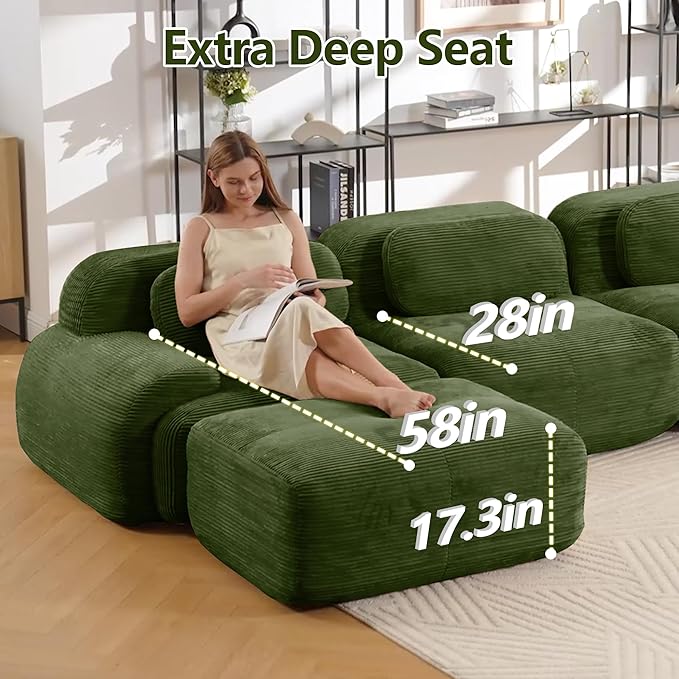 Boneless Sectional Couch No Assembly Required 117.3” Modular Cloud Sofa with Pillow Deep Seat Corduroy Couch for Living Room Bedroom Office Apartment