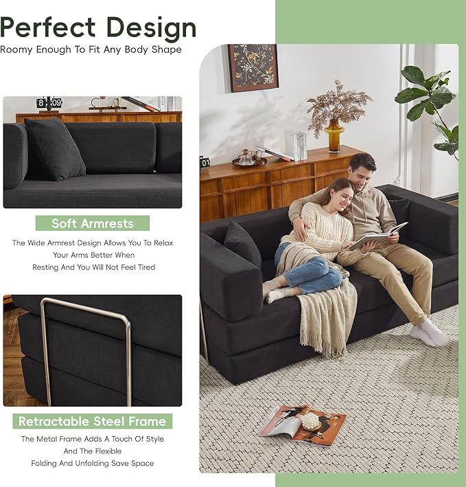 4-in-1 Folding Convertible Sofa Bed King-Size Corduroy Sleeper with No Assembly Oversized Floor Couch for Living Room Bedroom and Guest Room