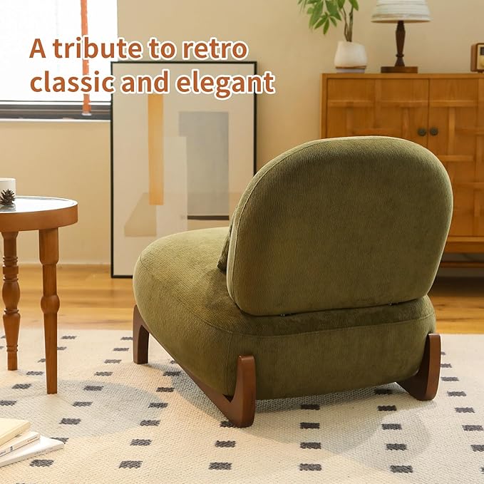 HAZO Cute Accent Chair with Solid Wood Legs Velvet Living Room Chair with Soft Cushion Cozy Bedroom Chair Comfy Armless Reading Chair for Apartment Waiting Room Balcony (Green)