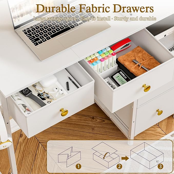 Small Computer Desk with 4 Fabric Drawers Simple Writing Desk for Home Office Compact Study Desks for Small Spaces Kids Desk Study for Bedroom White
