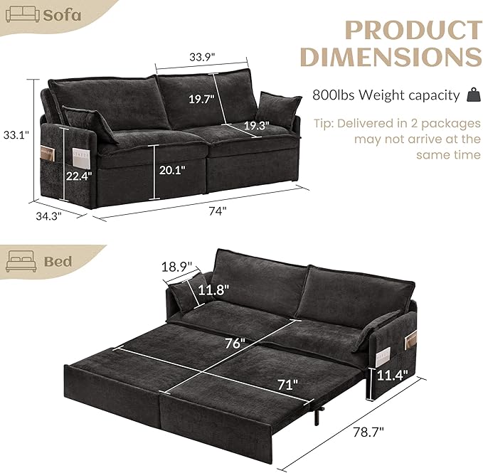 SUNWAVE 74 King Pull Out Sofa Bed - Convertible Sleeper Sofa Bed Space Saving Corduroy Loveseat Chaise Lounge with USB Charging Side Pockets for Living Room Bedroom Small Spaces(Ink 74)