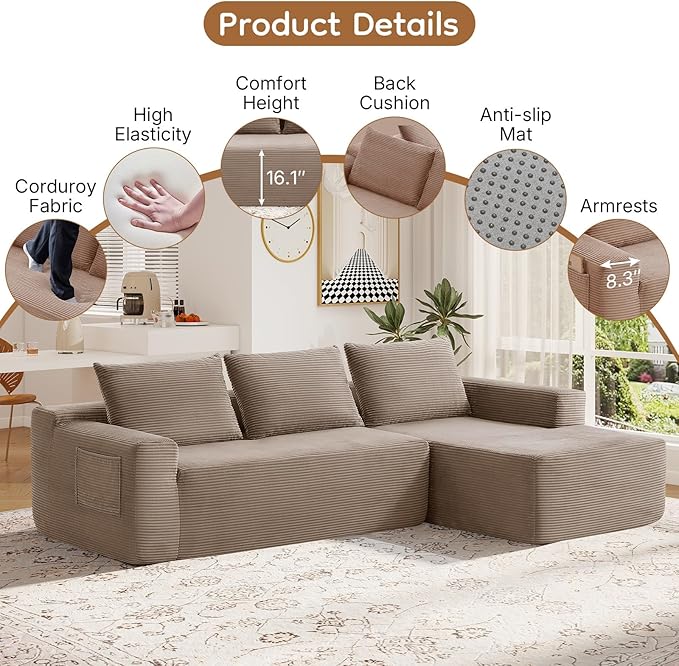97 L Shaped Boneless Couches fo Living Room Modular Sectional Sofa Camel Corduroy Compression Couches for Small Spaces No Assembly Required (Right Facing Chaise)