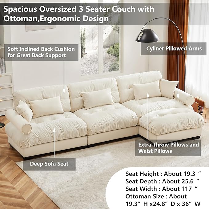 Aoowow Oversized 3 Seater Cloud Sofa Couch with Ottoman for Living RoomVelvet Large L-Shaped 3 Seat Cloud Sofas Deep SeatModern Modular Sectional Sleeper CouchesTufted