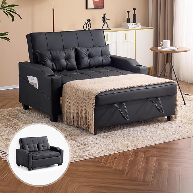 VINGLI Black Futon Sofa Bed Convertible Loveseat Sleeper Couch Faux Leather Pullout Sofa Fold Out Couch Bed with USB Ports Cup Holders Armrest for Living Room Bedroom Apartment Room