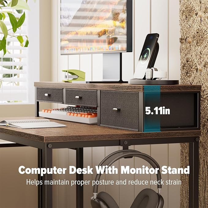 SINPAID 47 inch Computer Desk with Printer Shelf Gaming Desk with Monitor Stand and Drawers Reversible Home Office Desk with Storage Shelves and 2 Hooks Home Workstation for Study Writing Walnut