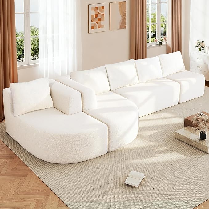 144 Modular Sectional Sofa No Assembly Required U-Shaped Cloud Couch with Chaise Modern Curved Boneless Sofa in Luxurious Boucle Fabric Deep Seats Memory Foam (White) | Zero-Assembly Design Clou