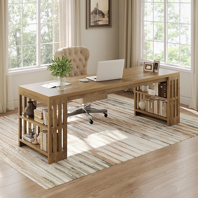 LITTLE TREE 78.7 Long Desk 2 Person Desk with Shelves Large Wooden Computer Desk Heavy Duty Shelf Legs Design for Two Person Home Office Business Workstation Natural (78.7 W x 23.6 D)