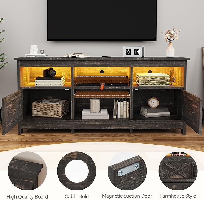 DWVO TV Stand for up to 65 Inch TV Entertainment Center with Storage TV Cabinet with Power Outlet &amp LED Light Strip Media Console Television Stands for Living Room Dark Rustic Oak
