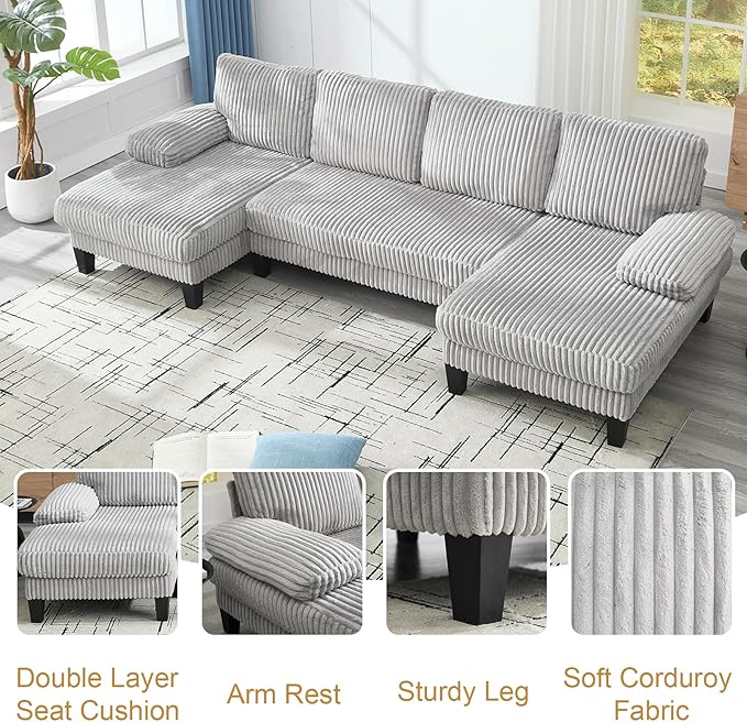114.2” W Corduroy Sectional Sofa for Living Room U-Shaped Couch with Double Chaises and Comfortable Backrest Modern 4-Seater Deep Cloud Sofa for Small Spaces(Grey)