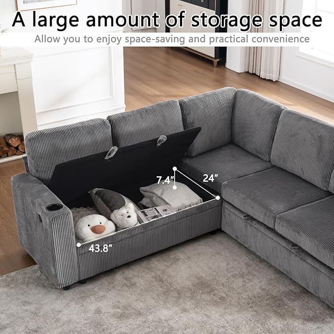 83 Modular Sectional Sleeper Sofa with Pull Out Bed Plush Corduroy L-Shaped Corner Couch with Storage USB Charger Cup Holders 5-Seater Sectional Couches for Living Room Apartment Grey