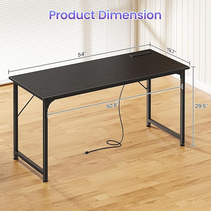 PRAISUN 55 X 20 Inch Office Computer Desk with Power Outlets and USB-C Port Larger and Longer Gaming Desk for Home Office Study Bedroom Writing Work from Home Table Metal Frame Black