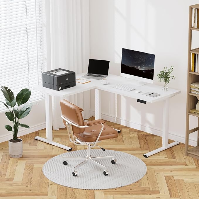 FLEXISPOT L Shaped Standing Desk 63 x 47 Inch Electric Height Adjustable Corner Desk Sit Stand Computer Workstation Preset Controller Home Office White Frame with White Top