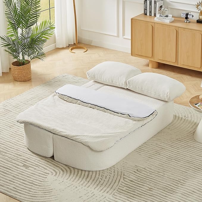 2-in-1 Convertible Sofa Bed 74.8 Memory Foam Boneless Couch Bed Full Size Love Seat Sleeper Sofa Floor Couch Loveseat with 2 Pillows for Living Room Bedroom Apartment Office No Assembly Cream