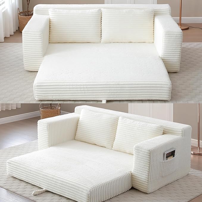73 Convertible Sofa Bed Pull Out Loveseat Sleeper Sofa with Side Pockets 2 in 1 Folding Couch Bed Fold Out Floor Couch Lounge Sofa with 2 Pillows for Living Room Apartment (Beige)