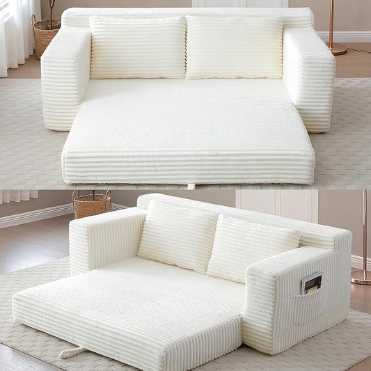 73 Convertible Sofa Bed Pull Out Loveseat Sleeper Sofa with Side Pockets 2 in 1 Folding Couch Bed Fold Out Floor Couch Lounge Sofa with 2 Pillows for Living Room Apartment (Beige)