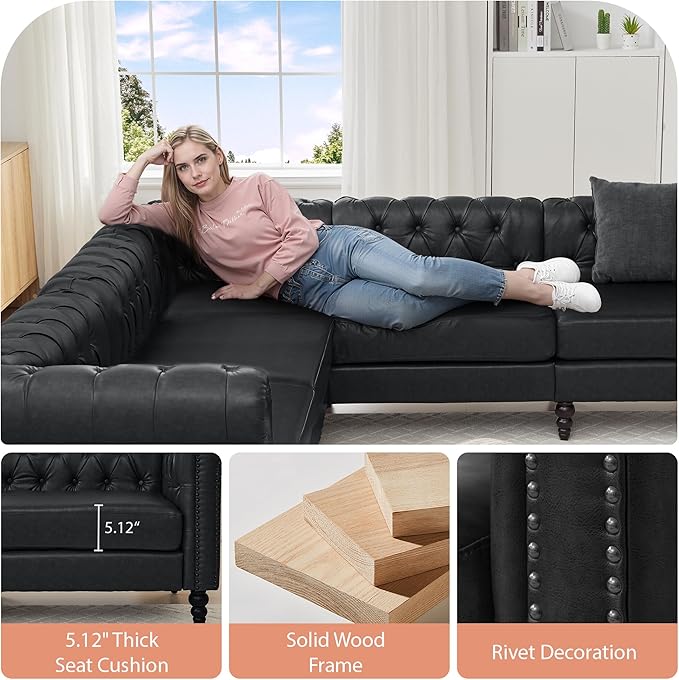 AVZEAR Chesterfield Modular Sectional Sofa Comfy Leather PU Couch Sectional with 2 Pillows Modern Upholstered Couches Living Room Furniture Sets for Living Room Bedroom and Apartment Black
