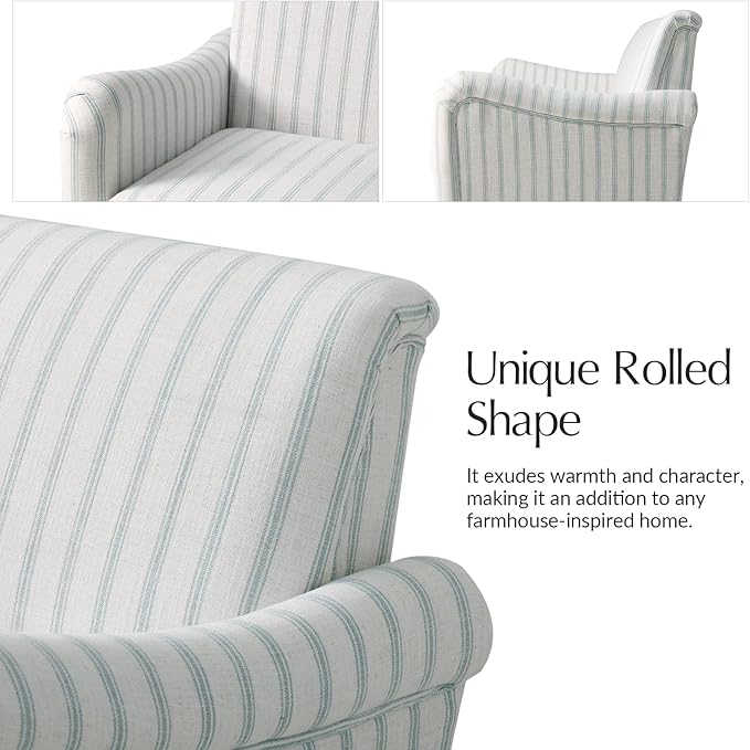 HULALA HOME Farmhouse Curved Couch with Stripe Pattern 3 Seater Sofa with Solid Wood Spindle Legs and Rolled Wide Armrests Comfy Upholstered Sofa for Living Room Bedroom Blue