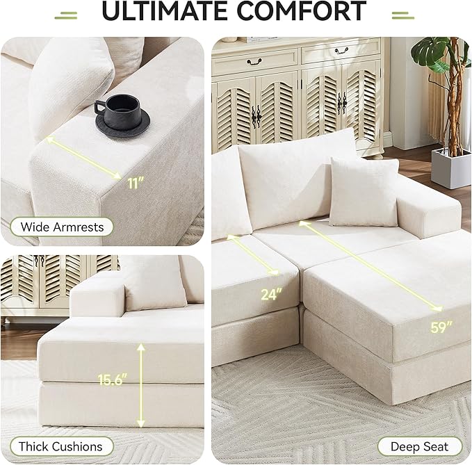 79 Boneless Cloud Loveseat Sofa Couch Modular Foldable Floor Sofa with Ottoman Chenille Lounge Convertible Sofa Bed for Living Room No Assembly Beige