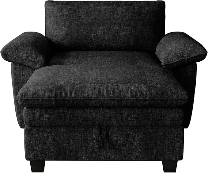51-Inch Wide Oversized Chenille Recliner Sofa Ottoman with Storage - Upholstered Lounge Chair (Black)