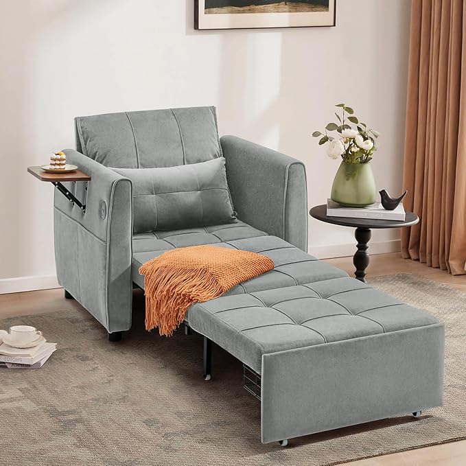 Convertible Sleeper Chair for Adults with Foldable Table USB Port &amp Bottom Storage Single Sleeping Sofa Bed for Living Room Guest Room Light Gray