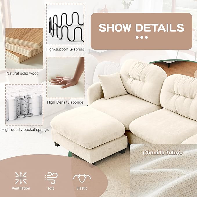 74 Modular Sectional Sofa Cloud Couch Modern Loveseat Sofa Deep Seat Sectional Couches for Living Room Comfy Chenille Couch for Small Spaces Oversized Modular Couches for BedroomBeige