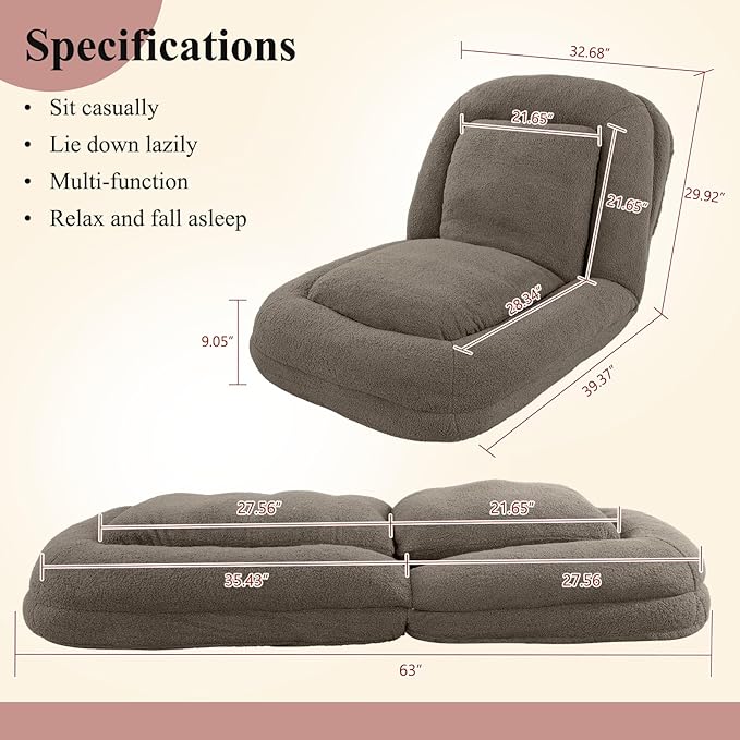 Human Dog Bed Lazy Sofa Couch Plush Floor Gaming Chair5 Adjustable Position sit Sleep fold Suit to Put in Bedroom Living RoomSpace Saving Design Taupe
