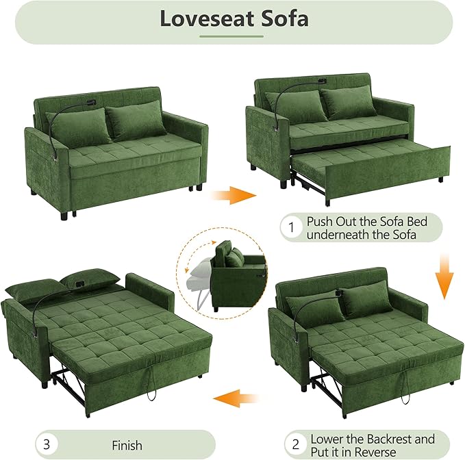 3 in 1 Convertible Sleeper Sofa Bed with Pull-out Bed 61 Chenille Chaise Lounge with 3-level Adjustable Backrest Tufted Loveseat with Phone Holder &amp 2 Soft Pillows for Living Room Apartment Gr