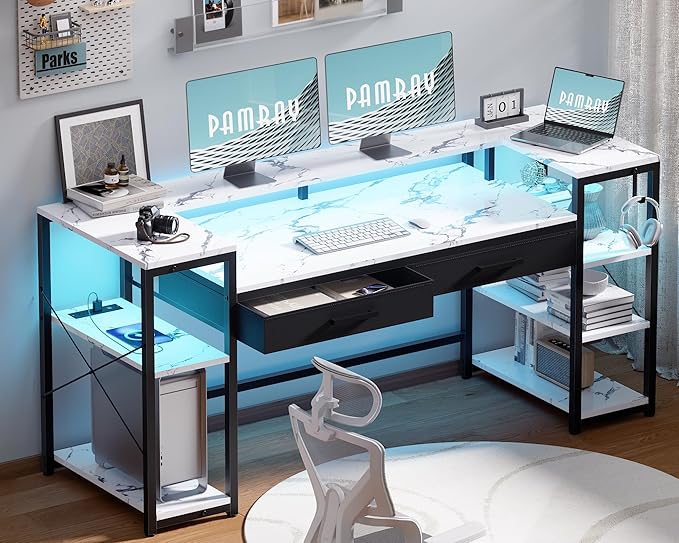 Pamray 58 Inch Computer Desk with Monitor Stand and Shelves Gaming Desk with LED Lights &amp Power Outlets PC Vanity Table with 2 Drawers for Home Office Marble