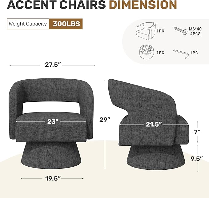 Swivel Accent Chair Set of 2 Modern Comfy Chenille Barrel Chairs Oversized Upholstered Round Arm Chair for Living Room Bedroom Reading Room Black
