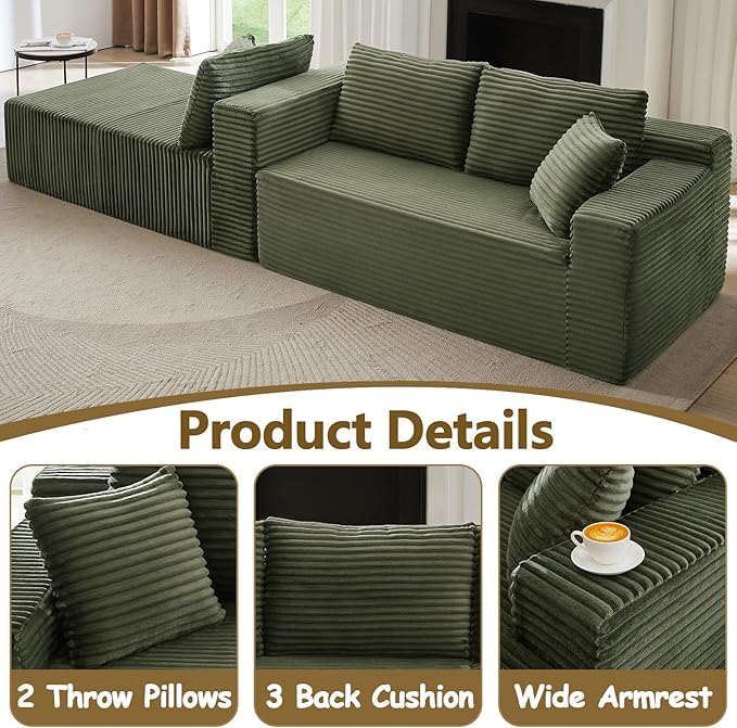 104 Cloud L Shape Couch with Chaise Modular Sectional Couches with Deep Seat Corduroy Sofas for Living Room Boneless Memory Foam Couch No Assembly (Saga Green Left Facing Chaise)