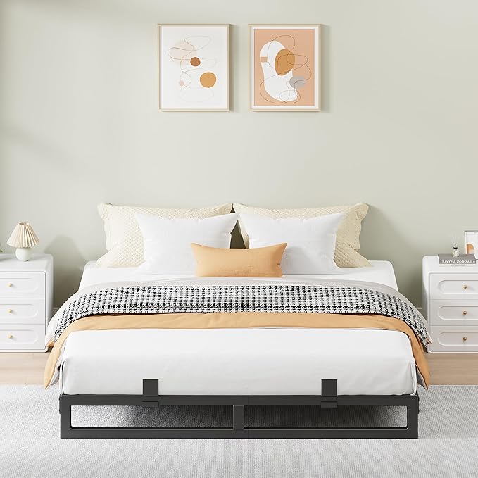 Full Size Bed Frame 6 Inch Metal Platform Bed Frames with Squeak Free U-Slot Design 6 Non-Slip Guards 3500lbs Heavy Duty Steel Slat Support No Box Spring Needed Under Bed Storage Black
