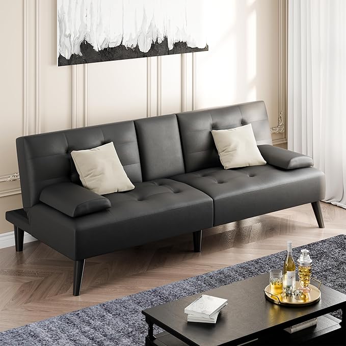 Shintenchi Futon Sofa Bed Leather Foldable Couch Reclining Sleeper with Removable Armrests Upholstered Loveseat Sofa Couch with Folding Cup Holders for Home Office(Black)
