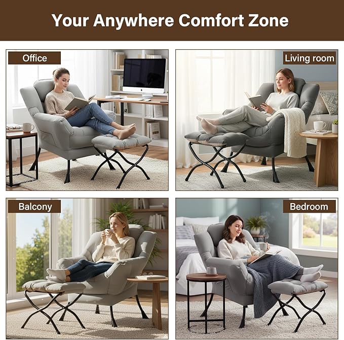 Welnow Lazy Chair with Ottoman Modern Accent Chair with Armrests and a Side Pocket Leisure Sofa Armchair Set Reading Armchair with Footrest for Small Space Light Grey