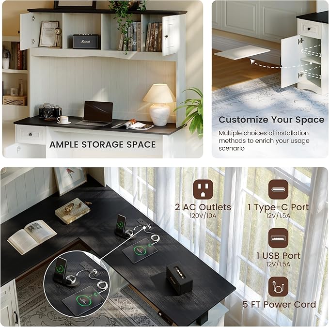 BANTI 60 Adjustable L Shaped Executive Desk with Hutch and Storage Cabinet Farmhouse Computer Desk with Charging Station Reversible Home Office Workstation Antique White